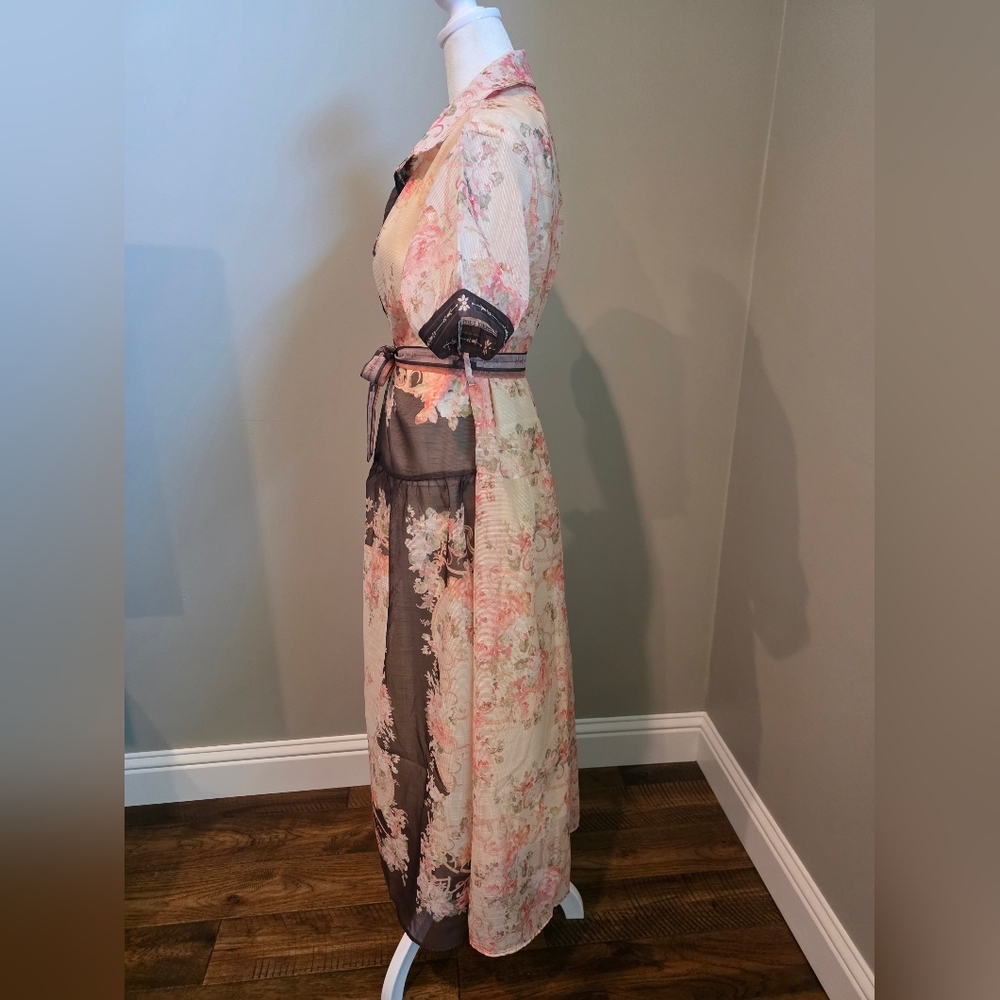 NWOT Women's Brown And Cream Floral Button Down Midi Dress, M/L - Picture 2 of 3